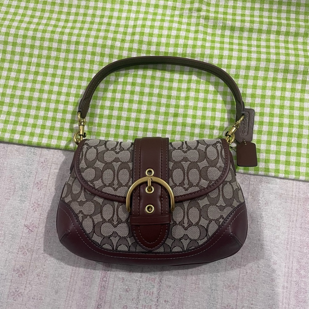 Coach Brown Signature Canvas Shoulder Bag with Gold Buckle